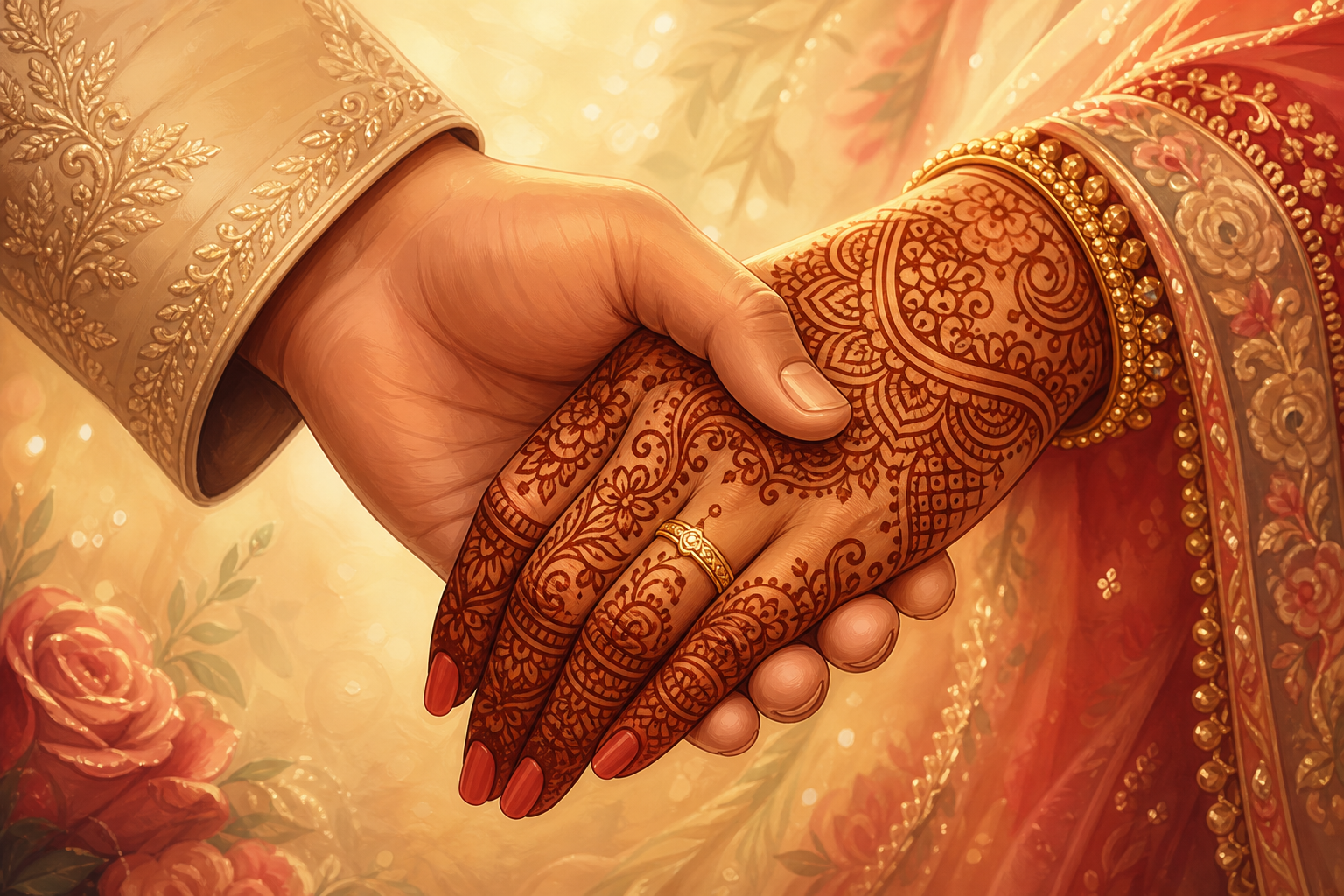 Illustrated groom and bride hands together with mehndi and wedding rings